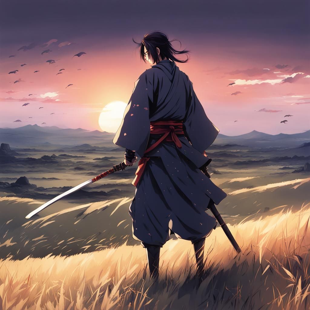 Samurai Warrior at Sunset: Anime Style Illustration