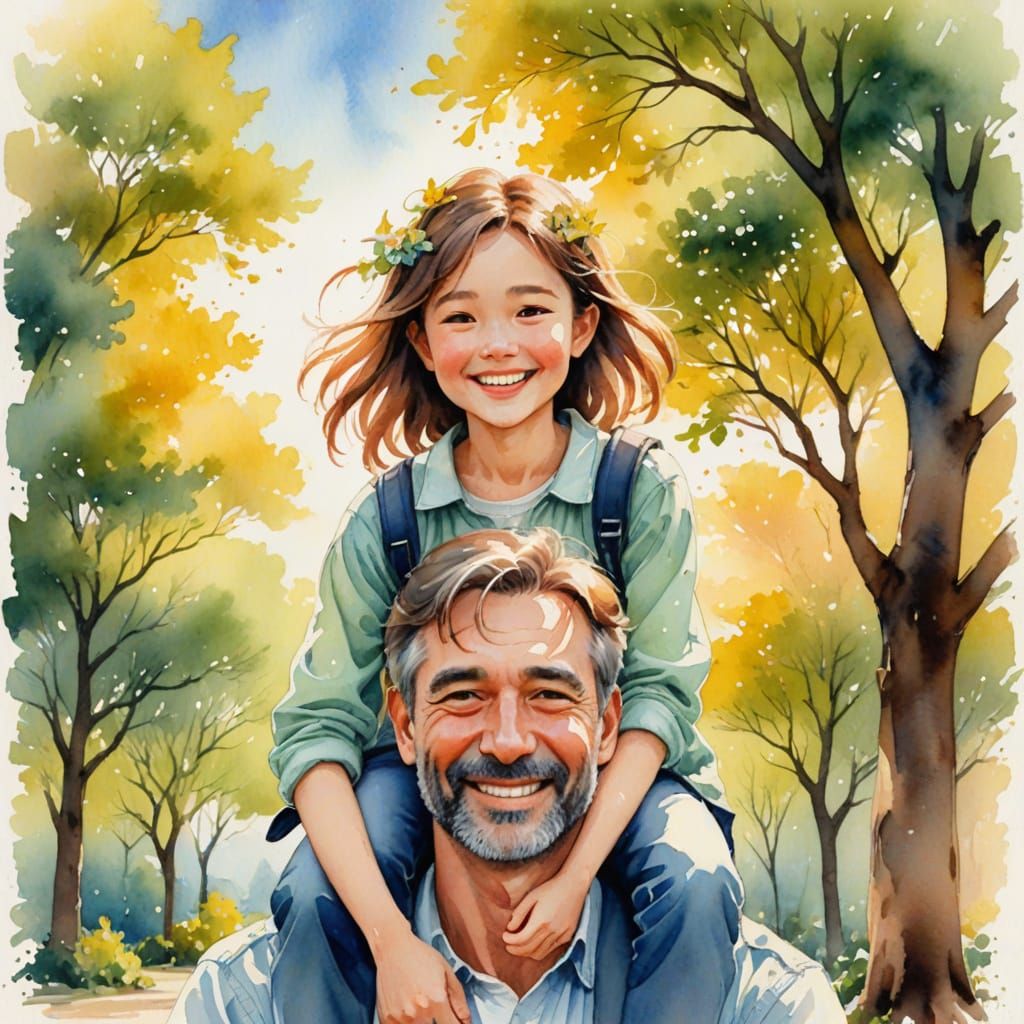 Watercolor: Girl on Father's Shoulders in Sunlight