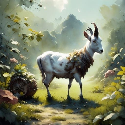 Whimsical Watercolor of a Cute Goat in a Lush Landscape