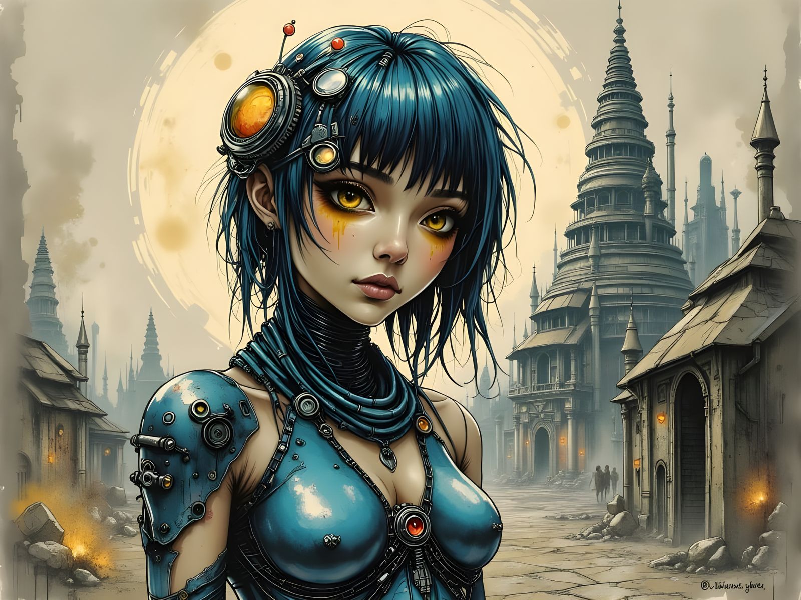 Biomechanical Cyborg Woman in Front of Arcology