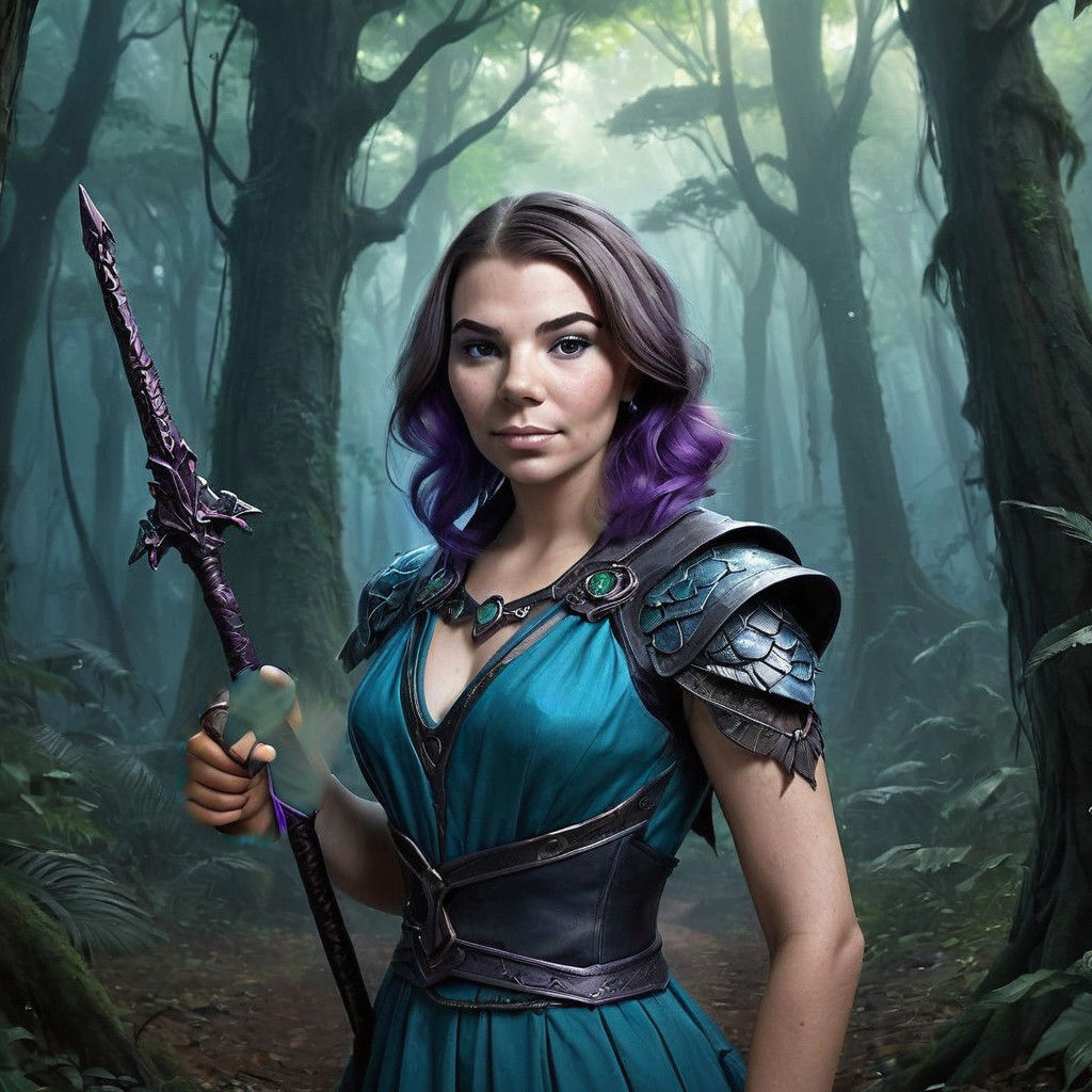 Enchanted Fae Druidess Embarks on Quest with Loyal Velocirap...