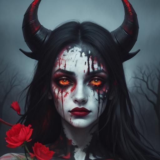 Demonic Graffiti Art Portrait with Red Petals