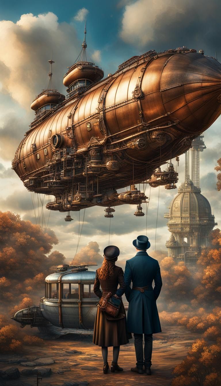 Steampunk Couple Watching an Airship
