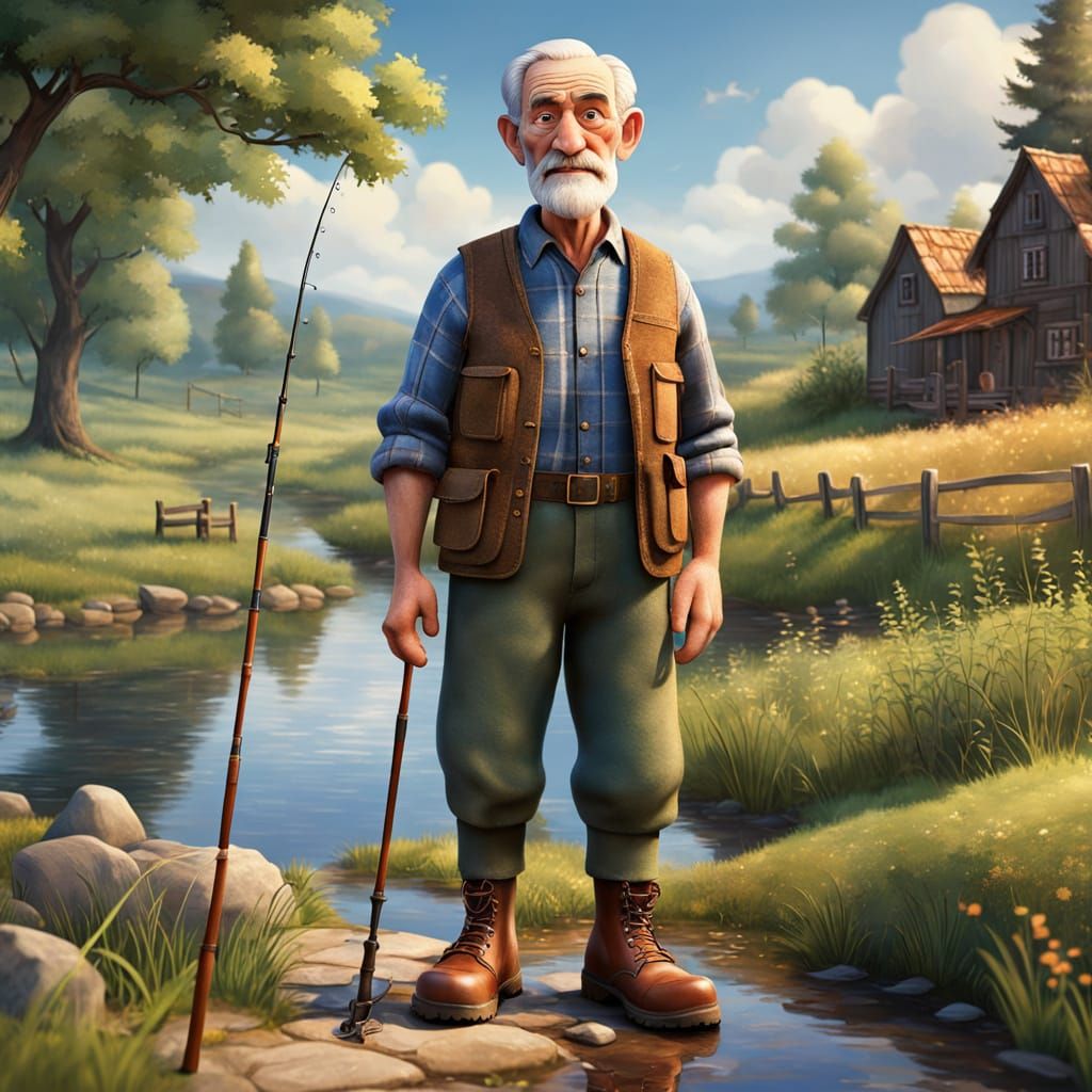 Pixar-Style Old Man Fishing in Countryside