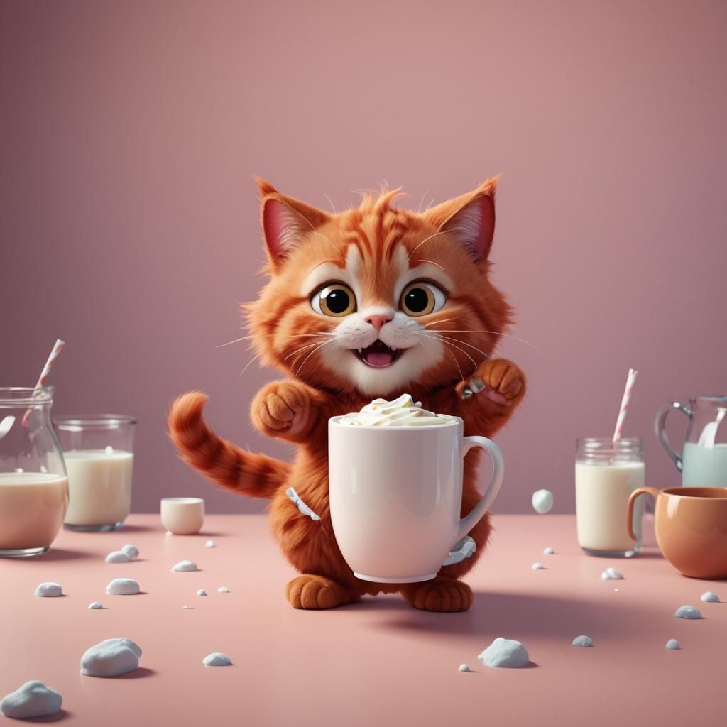 Fluffy Red Cat with Milk, Pixar Style