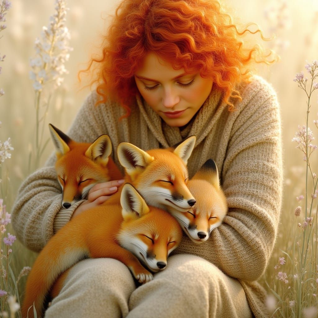 Girl Cradles Baby Foxes in Dreamy Meadow