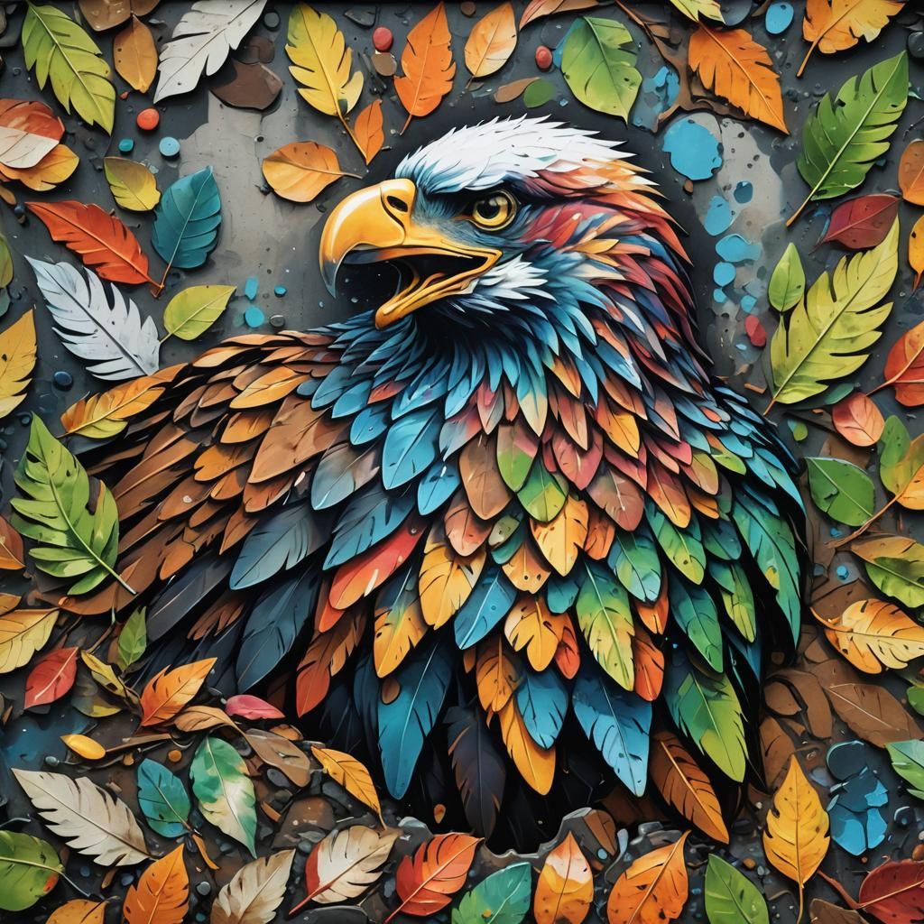 Colorful Graffiti Eagle Made of Leaves and Stones