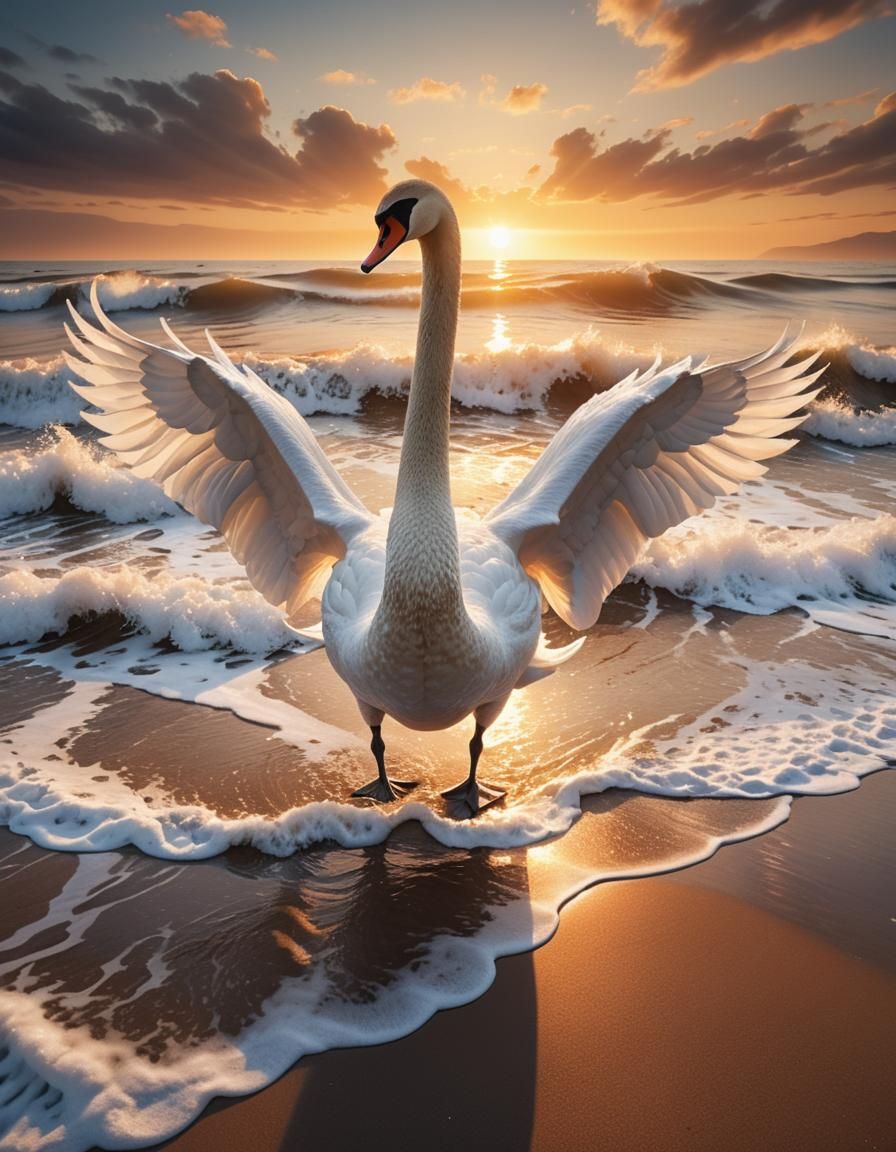 Swan's Wave Coat at Sunset: Surreal Beach Scene