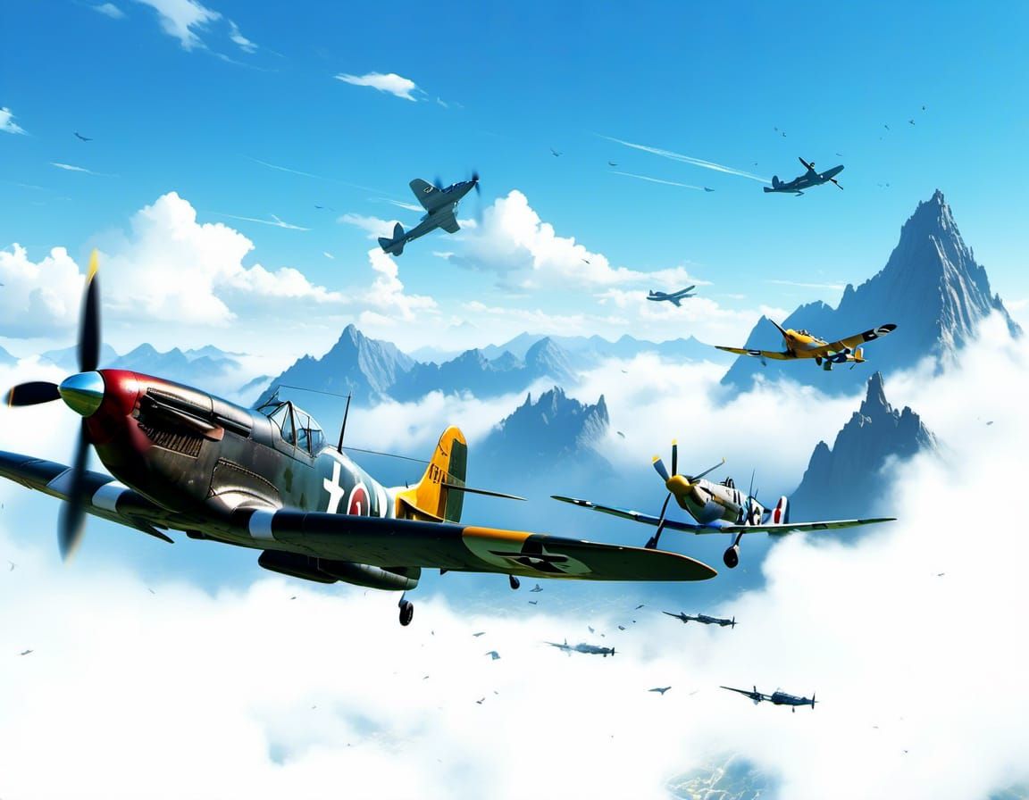 <lora:Sorcerous:1.0> A P-51 Mustang being Chased by a BF-109 Flying through a mountain pass  detailed matte painting, de...