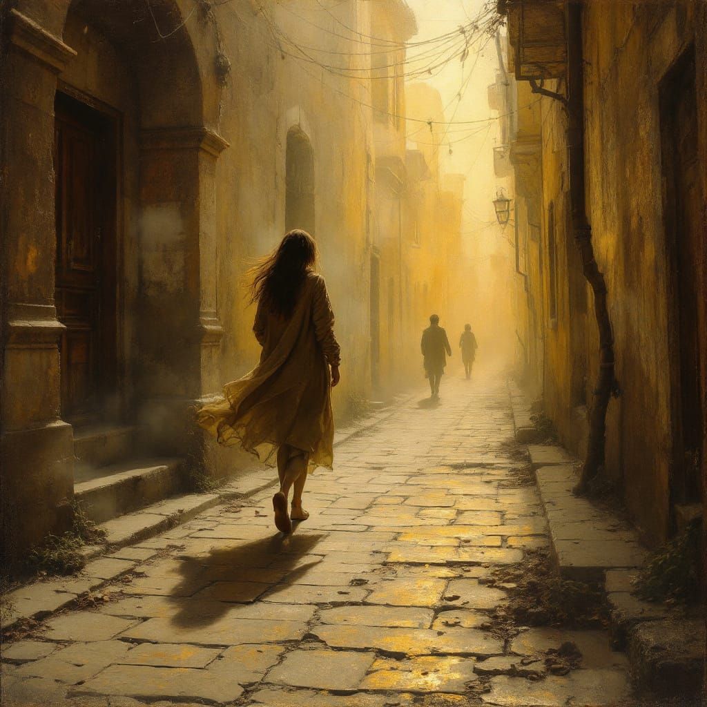 Magical Realism Painting with Chiaroscuro and Golden Haze