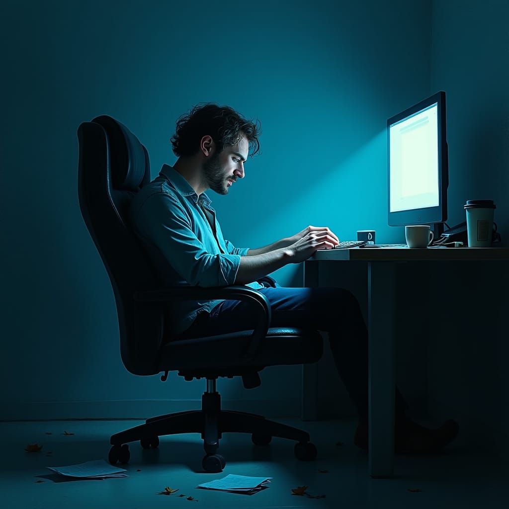 Weary Man in Dimly Lit Office, Painterly Style