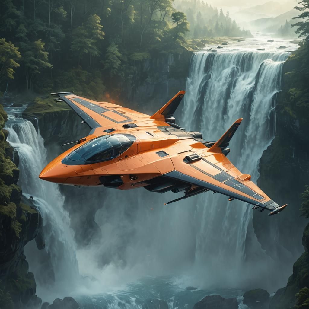 Futuristic Spacecraft over Misty Waterfall Landscape
