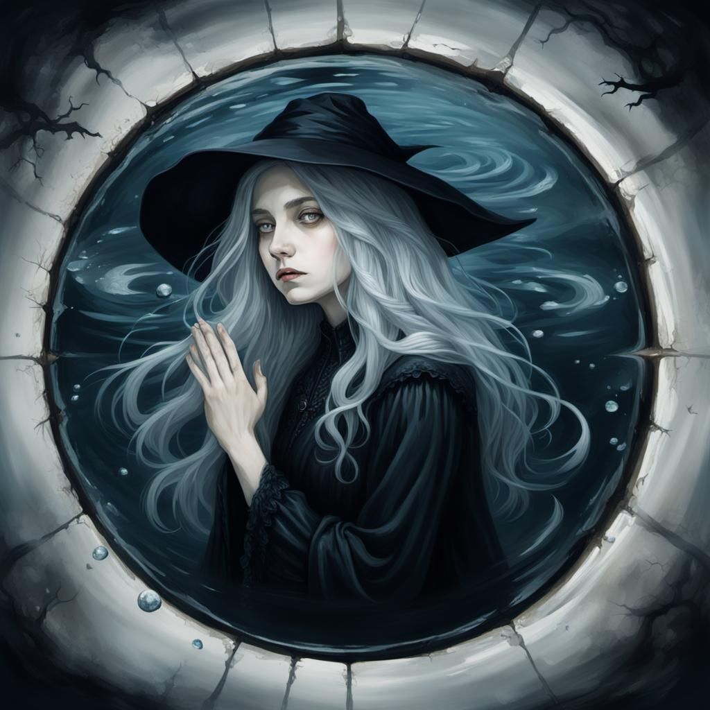 Melancholy Witch Reflection in Well Water