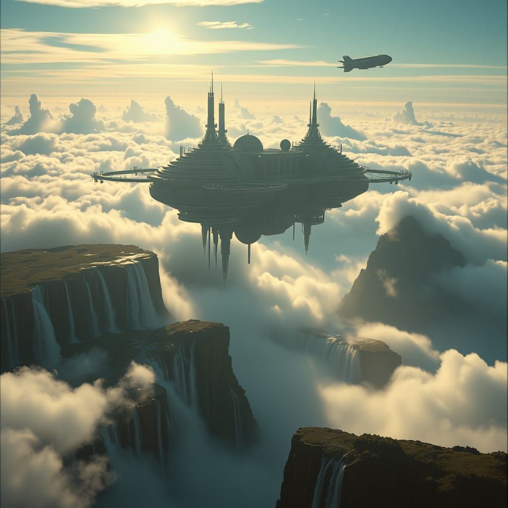 Futuristic Floating City Above Clouds in Hyperrealism