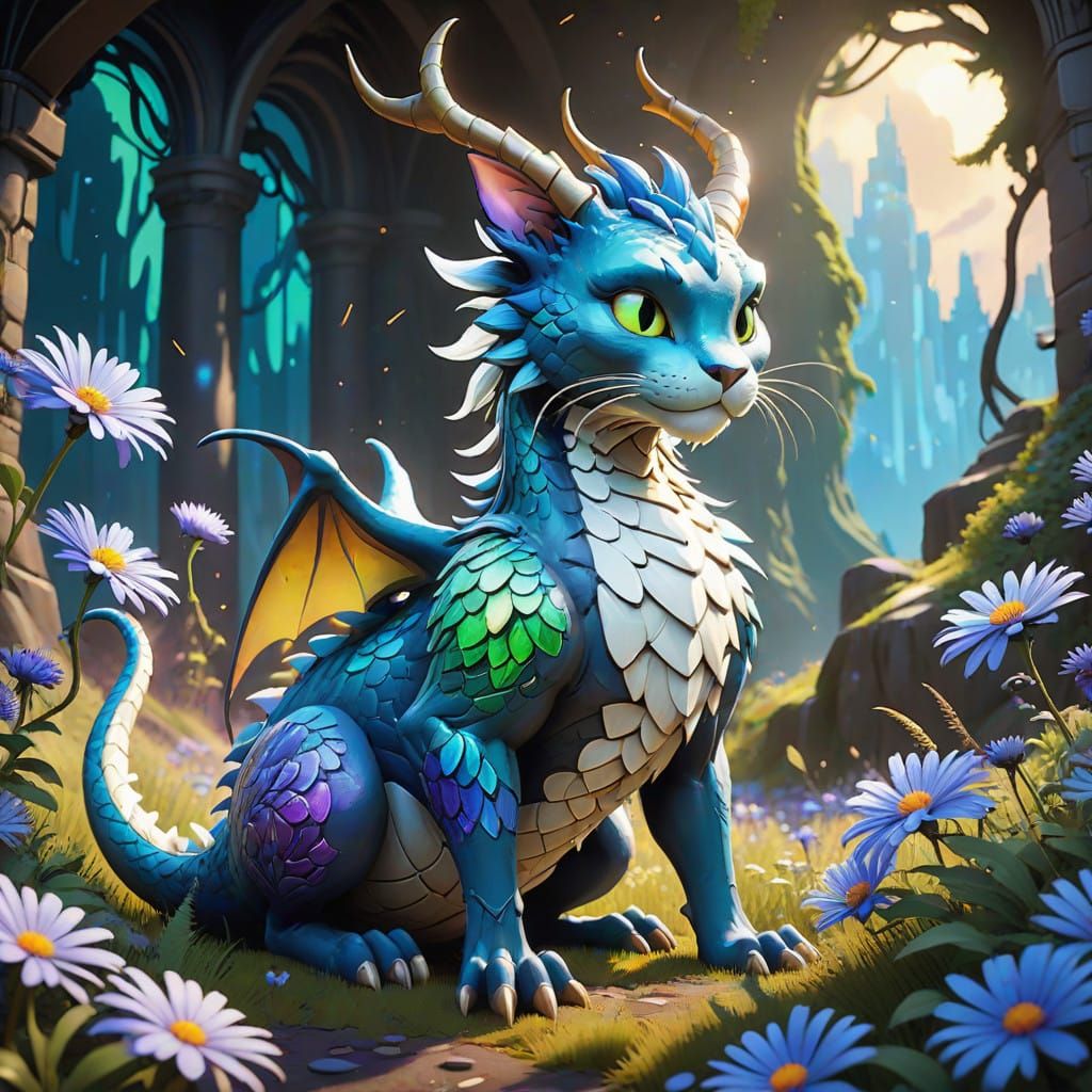 Dreamlike Dragon-Cat Amidst Winter Asters in Art Nouveau Sty...