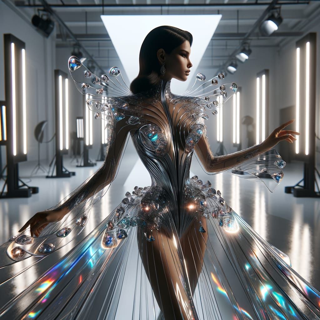 Futuristic Model in Floating Glass Gown with LEDs
