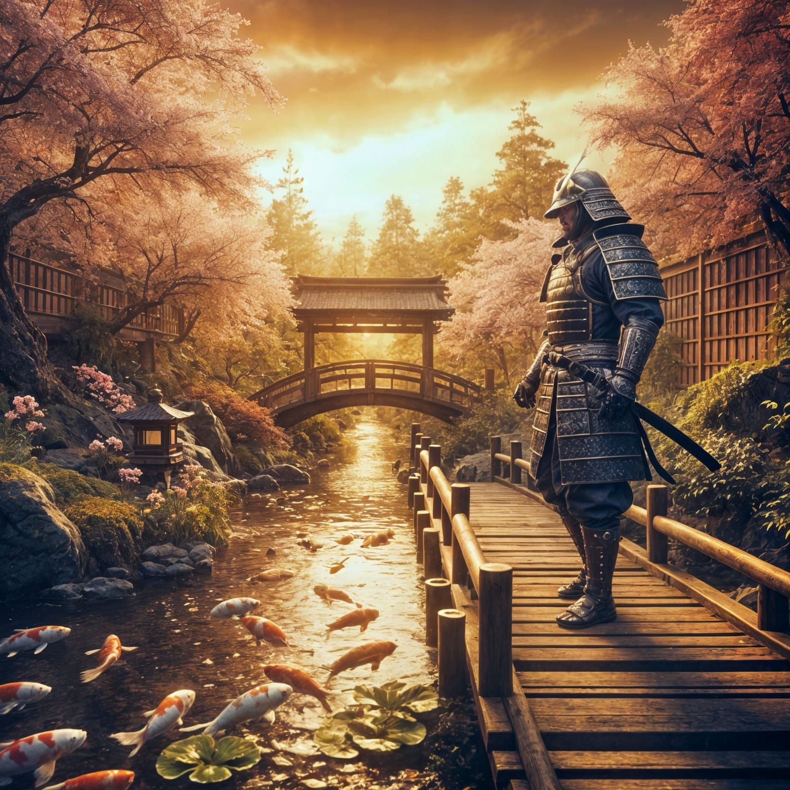 A samurai standing on a bridge in a Japanese garden