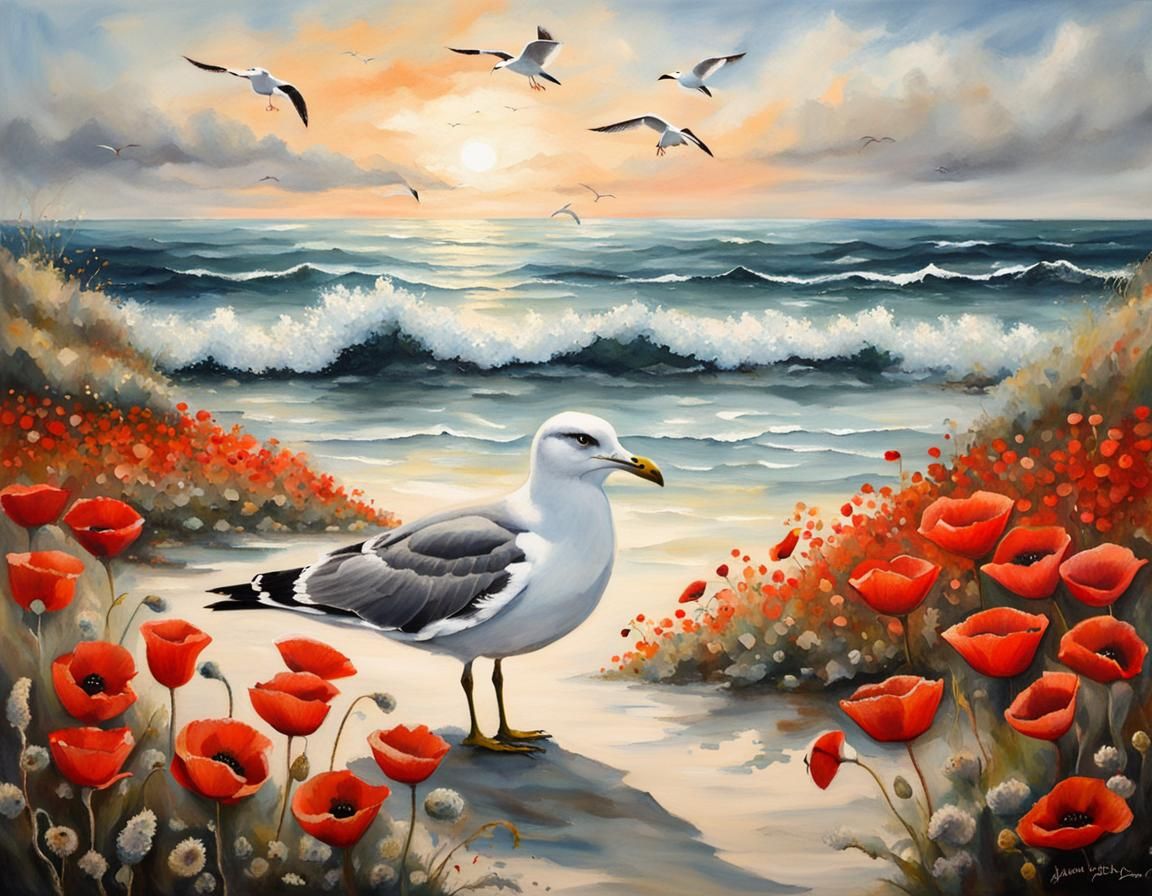 Seagull Soaring Above Seascape with Turtles and Poppies