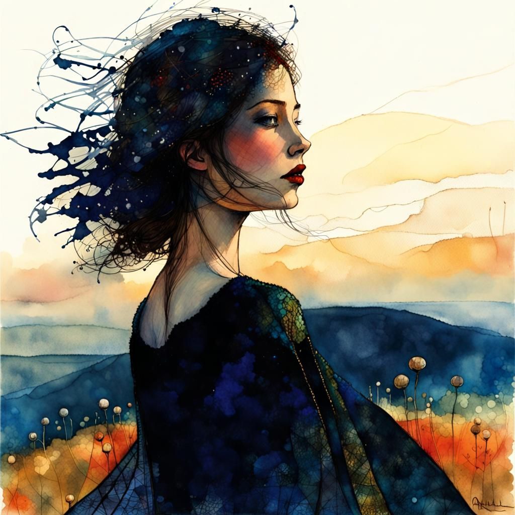 Girl on Windy Hill, in Art Brut Liquid Ink Style