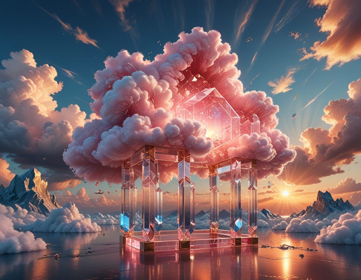 Pink Cloud with Crystal Gates in Sunset Sky