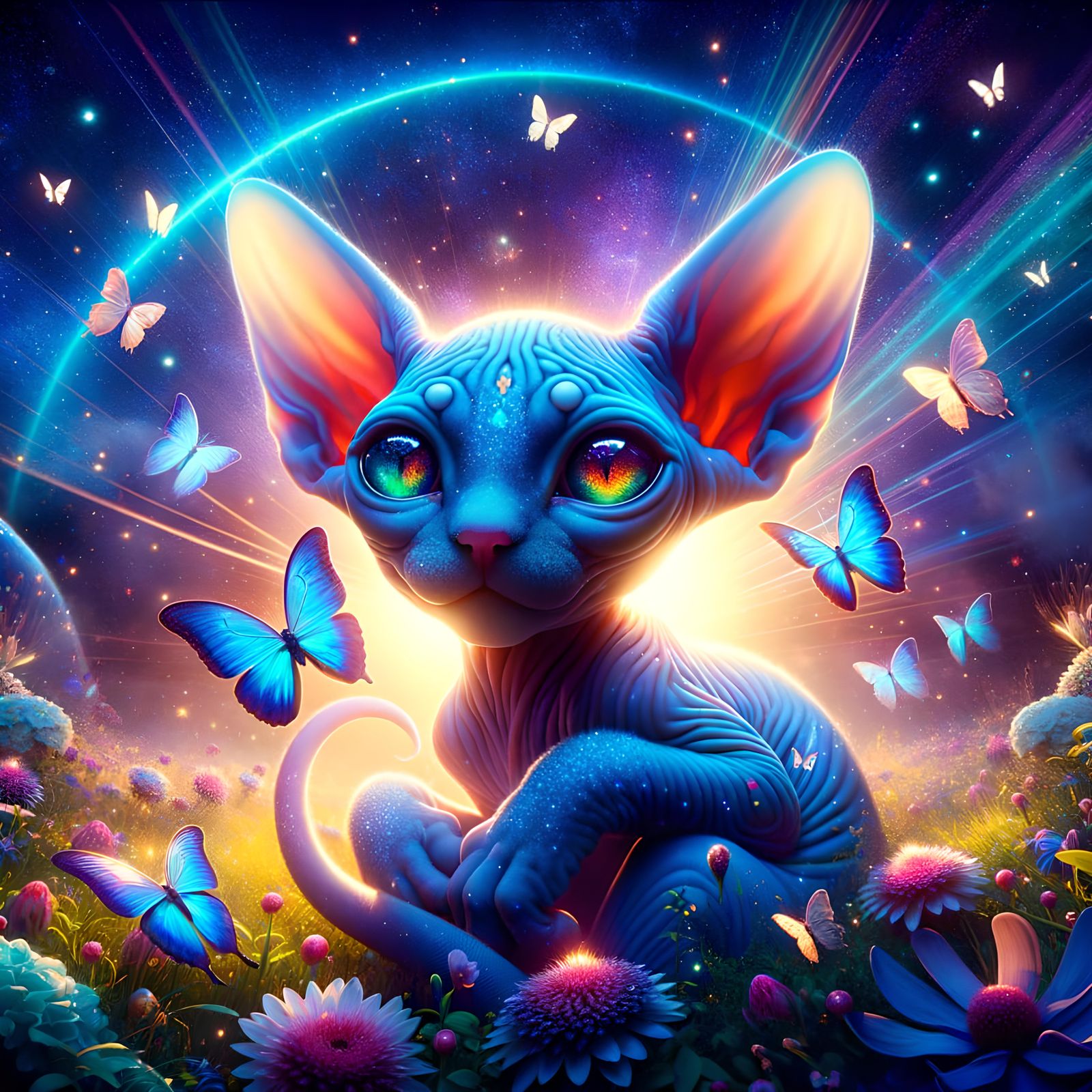 Blue Sphynx Cat with Lunar Moths in Starry Meadow