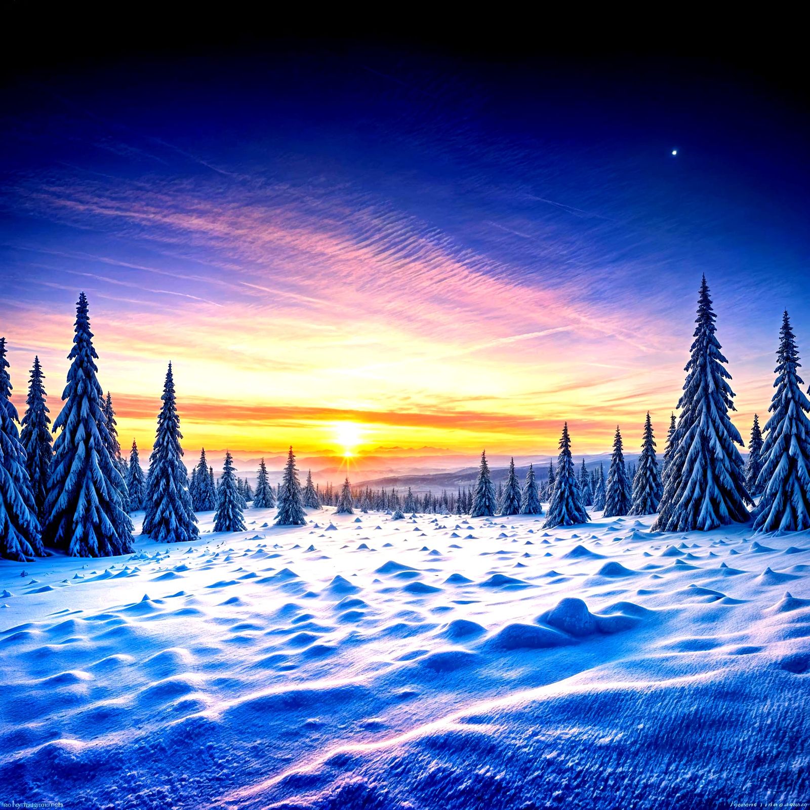 Purple Sunrise Over Snow Valley: Hyperdetailed Winter Scene