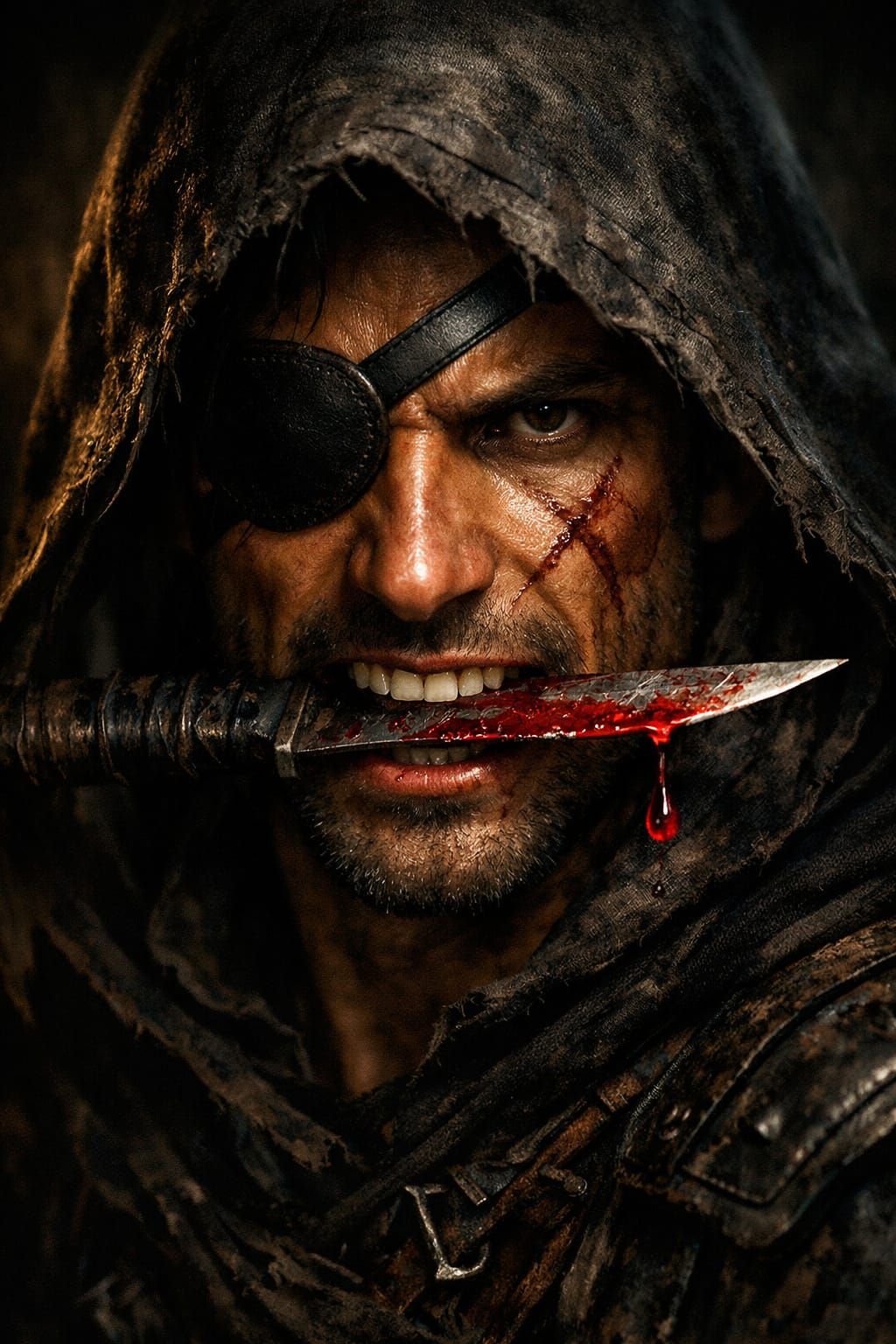 Dark Fantasy Thief with Bloody Knife in Moody Portrait