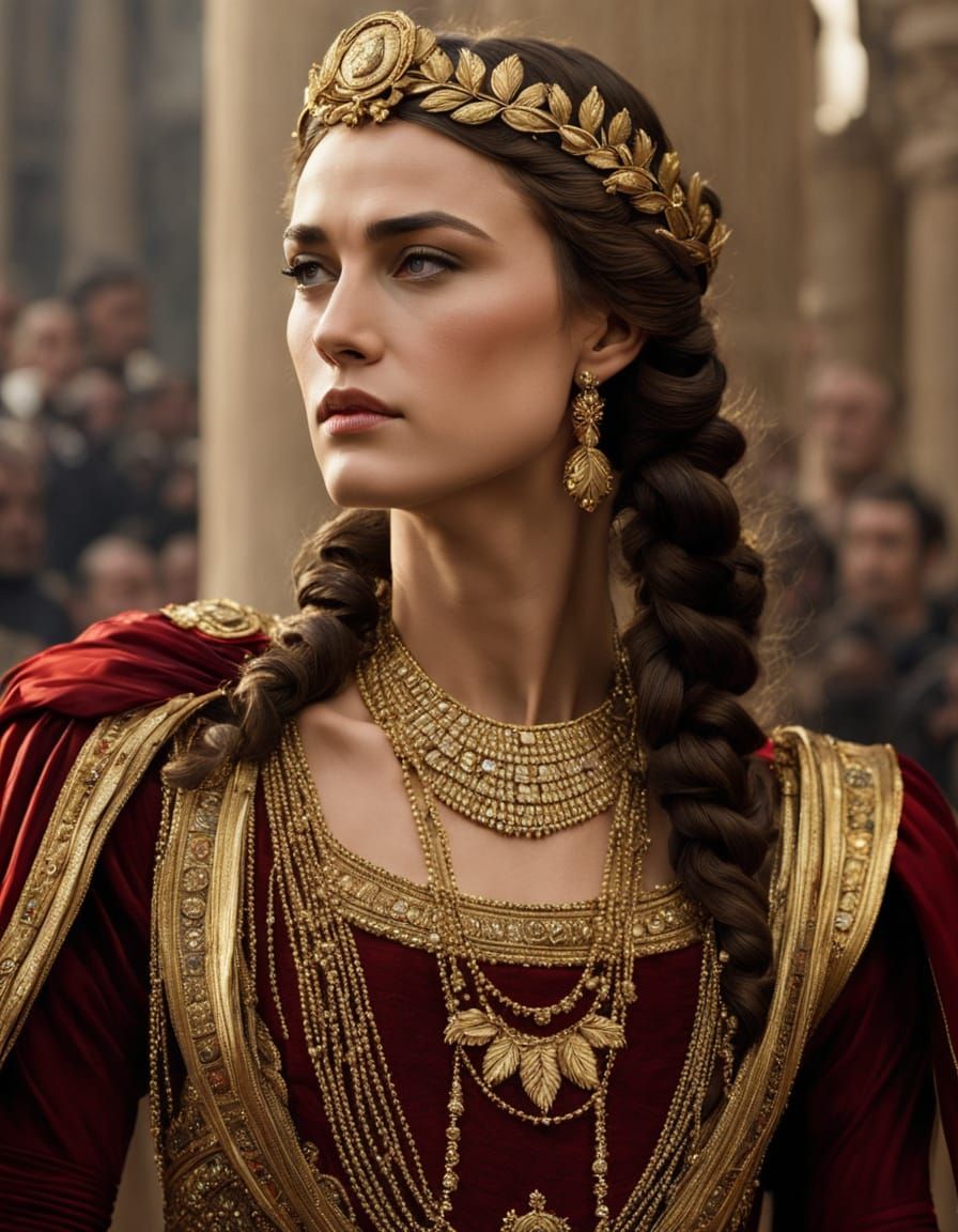 Regal Roman Empress in Red and Gold Attire