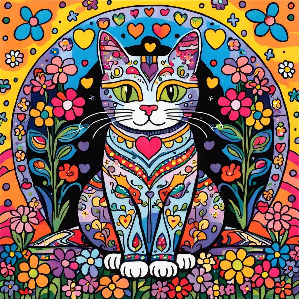 Cute Cat Surrounded by Flowers in Pop Art Style