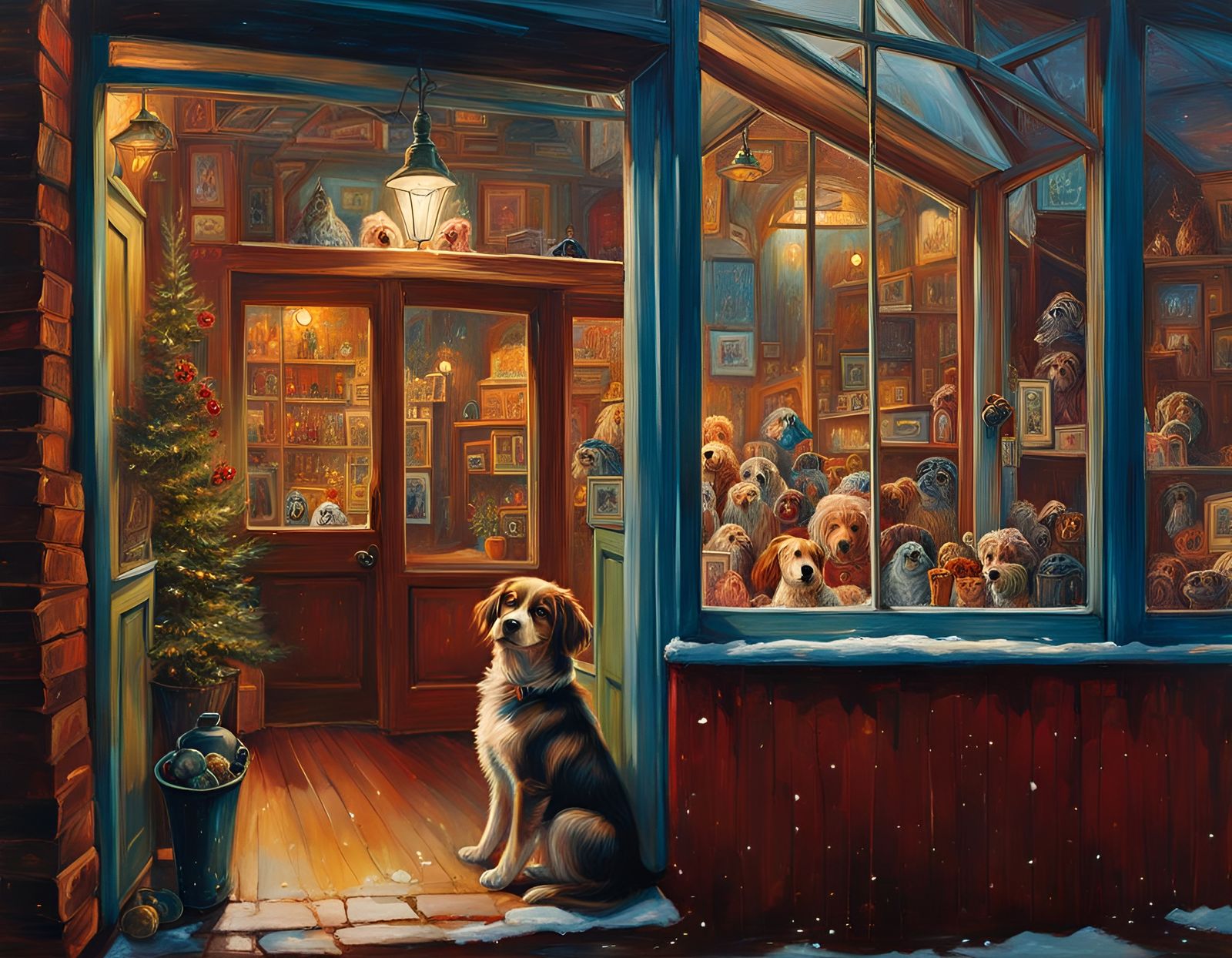Dog Looking into Pet Shop Window, Oil on Canvas