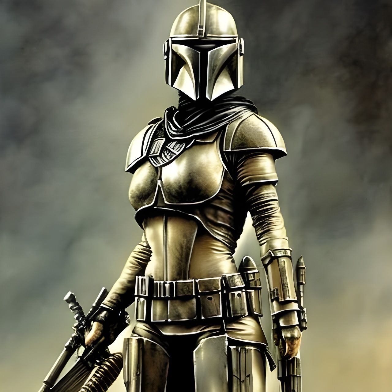Female Mandalorian Warrior in Dark Fantasy Style