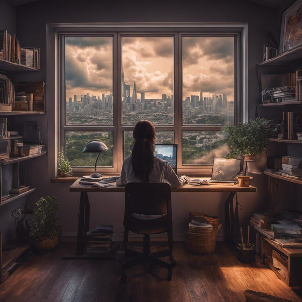 Lofi Girl Studying with City View, Hyperrealistic Style