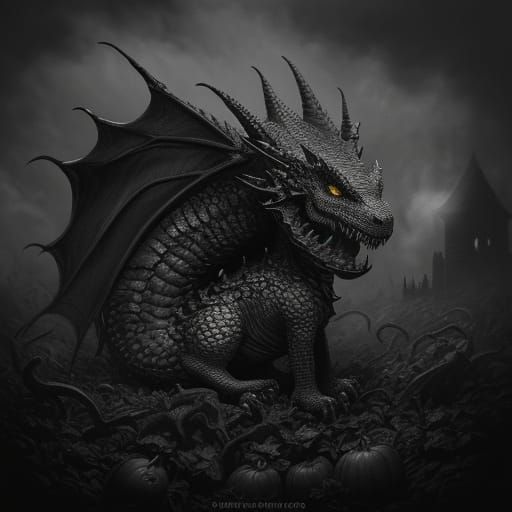 Baby Dragon Emerges from Halloween Pumpkin Patch in Charcoal