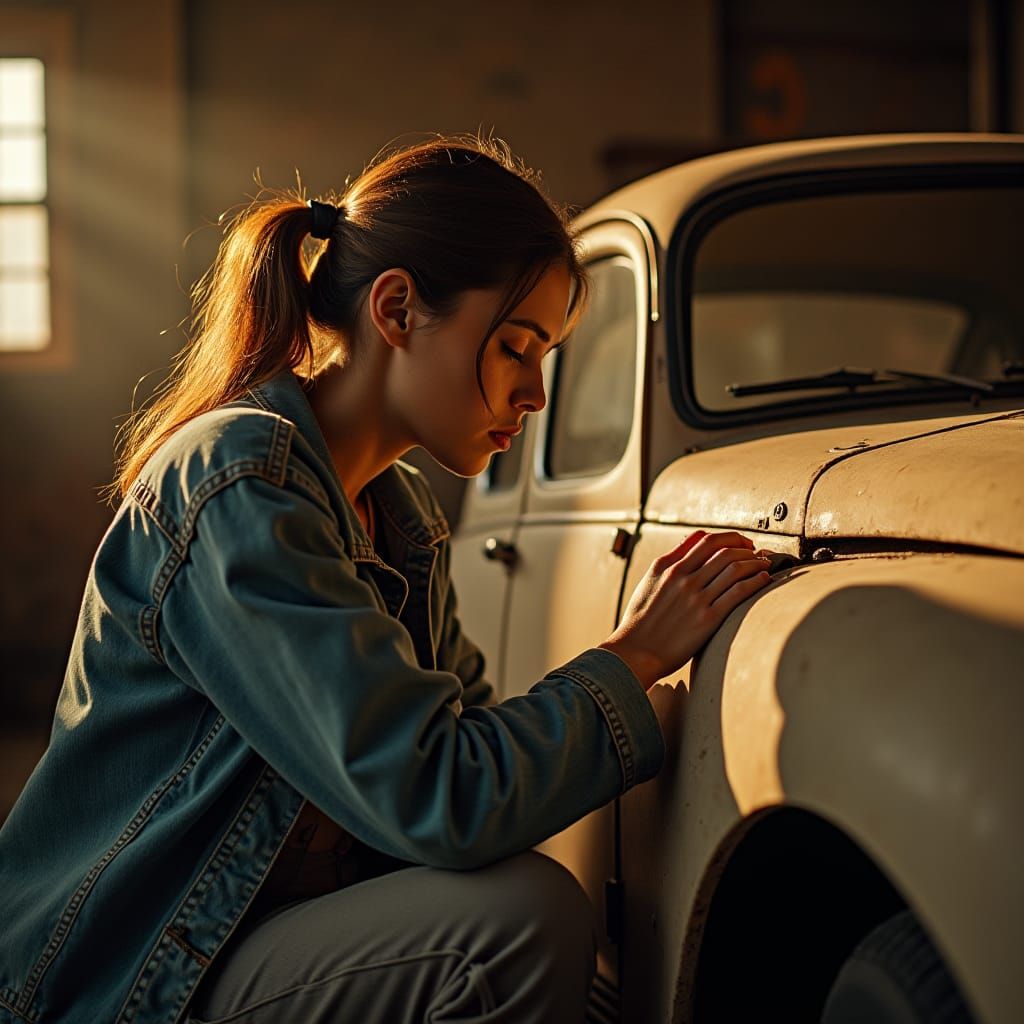 Woman Repairs Vintage Car in Golden Hour Light
