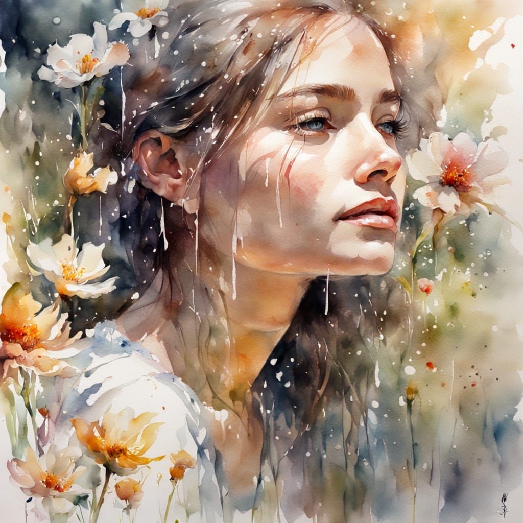 Blooming Garden Rains Petals: Watercolor Close-Up