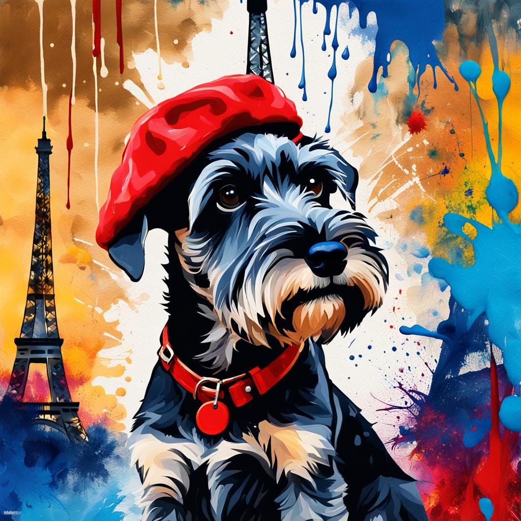 Schnauzer in Beret: Graffiti Art at Eiffel Tower