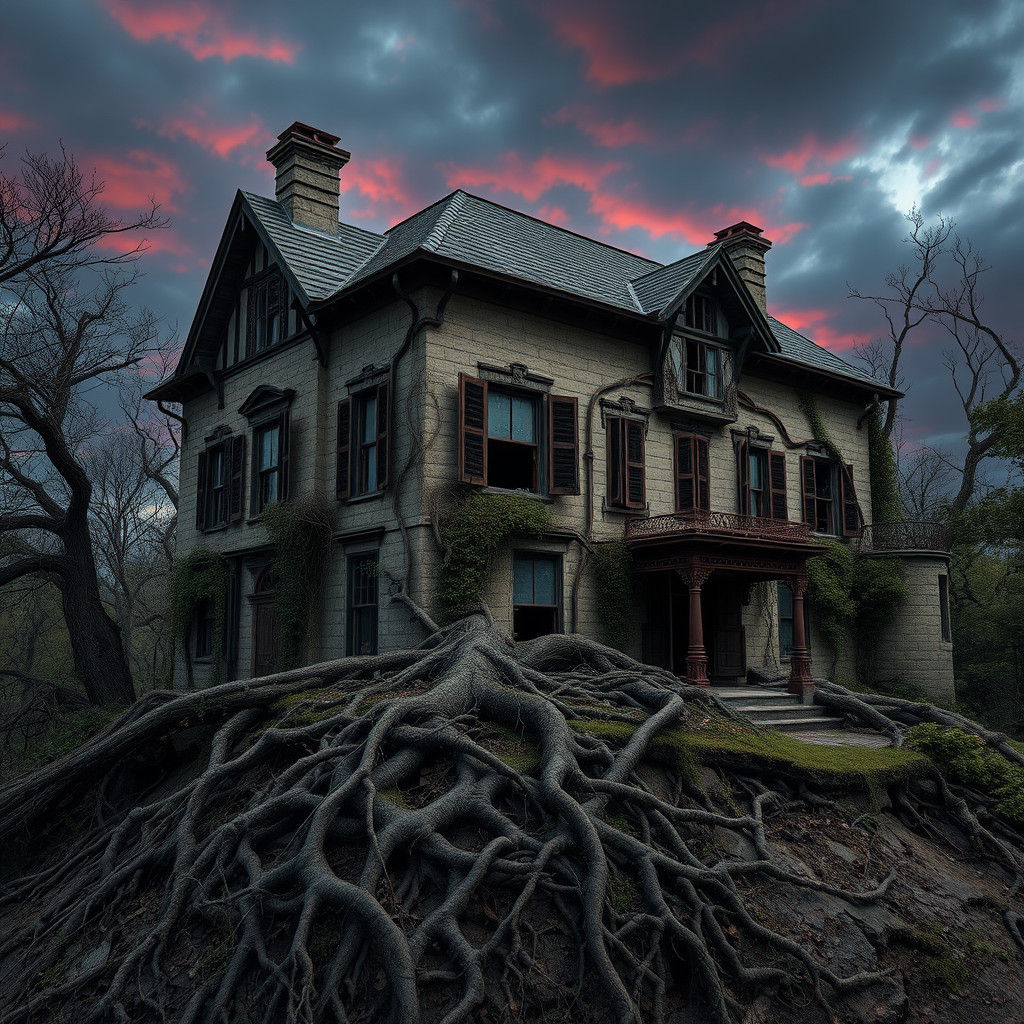 Eerie Abandoned Mansion with Overgrown Gardens