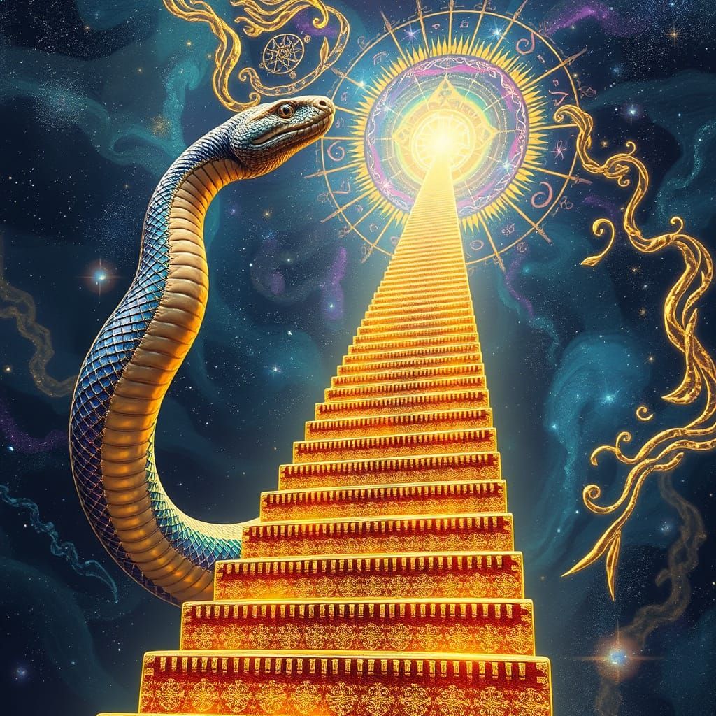 Ethereal Serpent Ascends Golden Staircase to Cosmic Realm