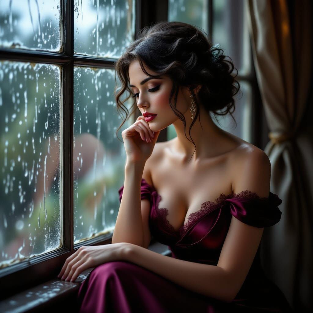 Pensive Woman by Rainy Window in Photorealistic Style