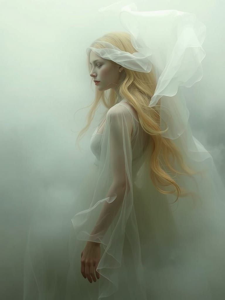Ethereal Wraith Woman Emerges from Misty Fog in Dreamlike La...