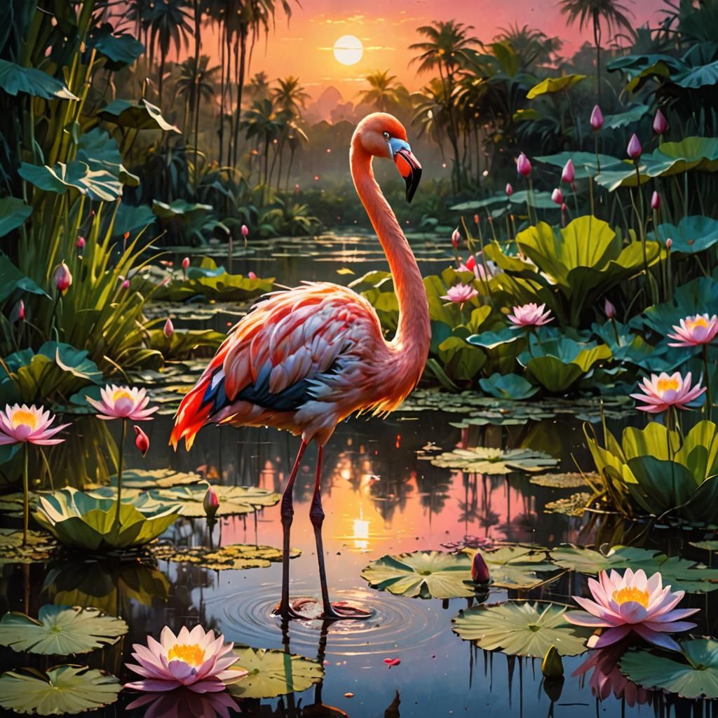 Adorable Flamingo in Waterlily Pond Matte Painting