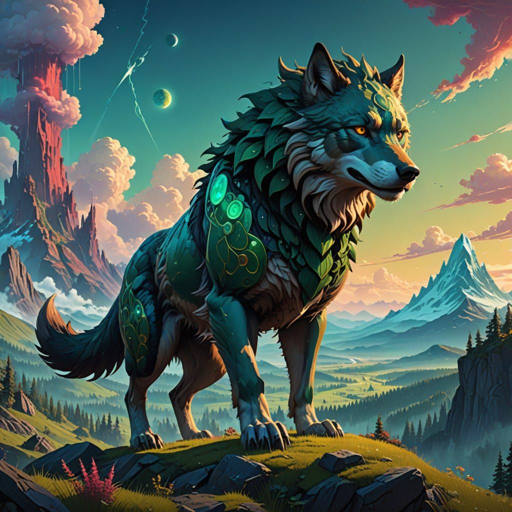 Majestic Half-Dragon Half-Wolf in Ancient Landscape