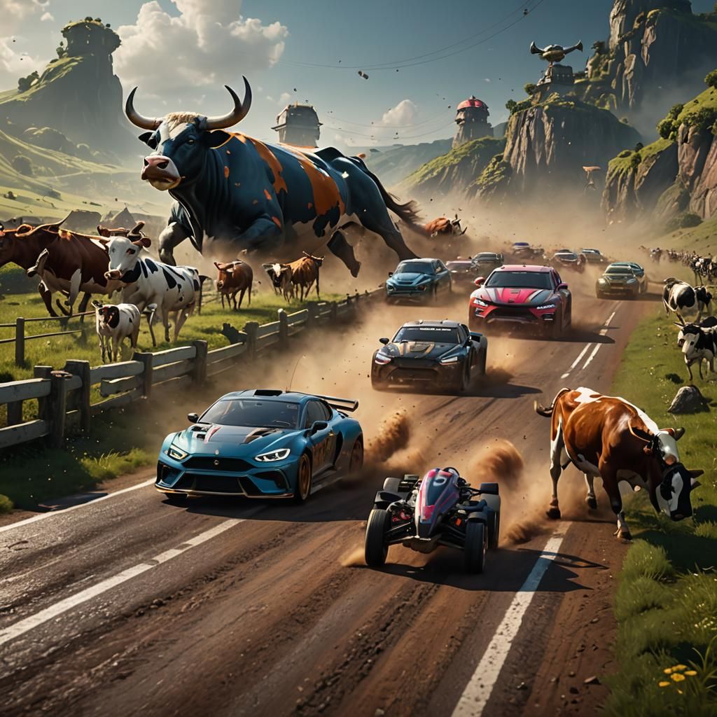Cows Racing Cars in a Playstation Game