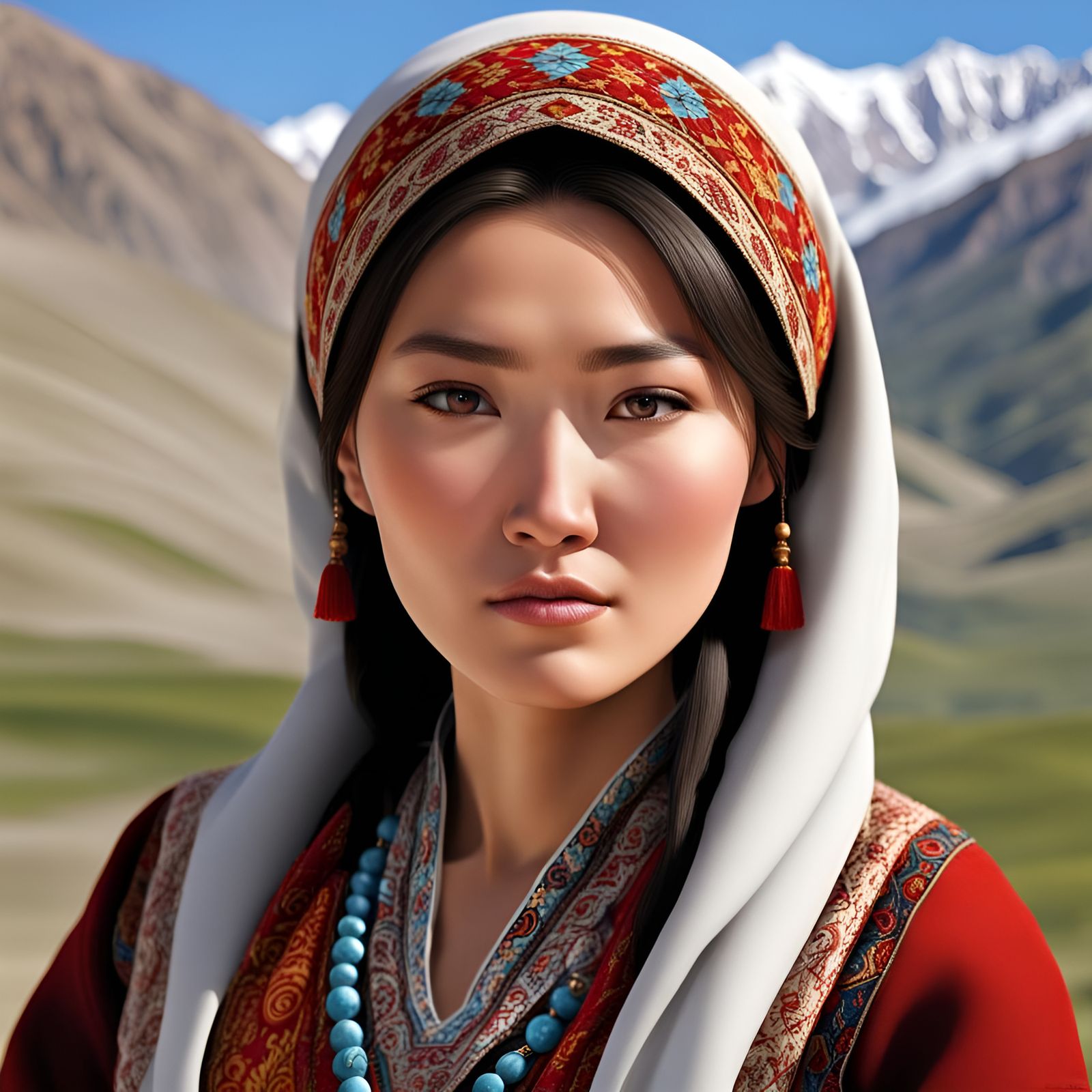 Realistic Portrait of a Beautiful Kyrgyz Woman