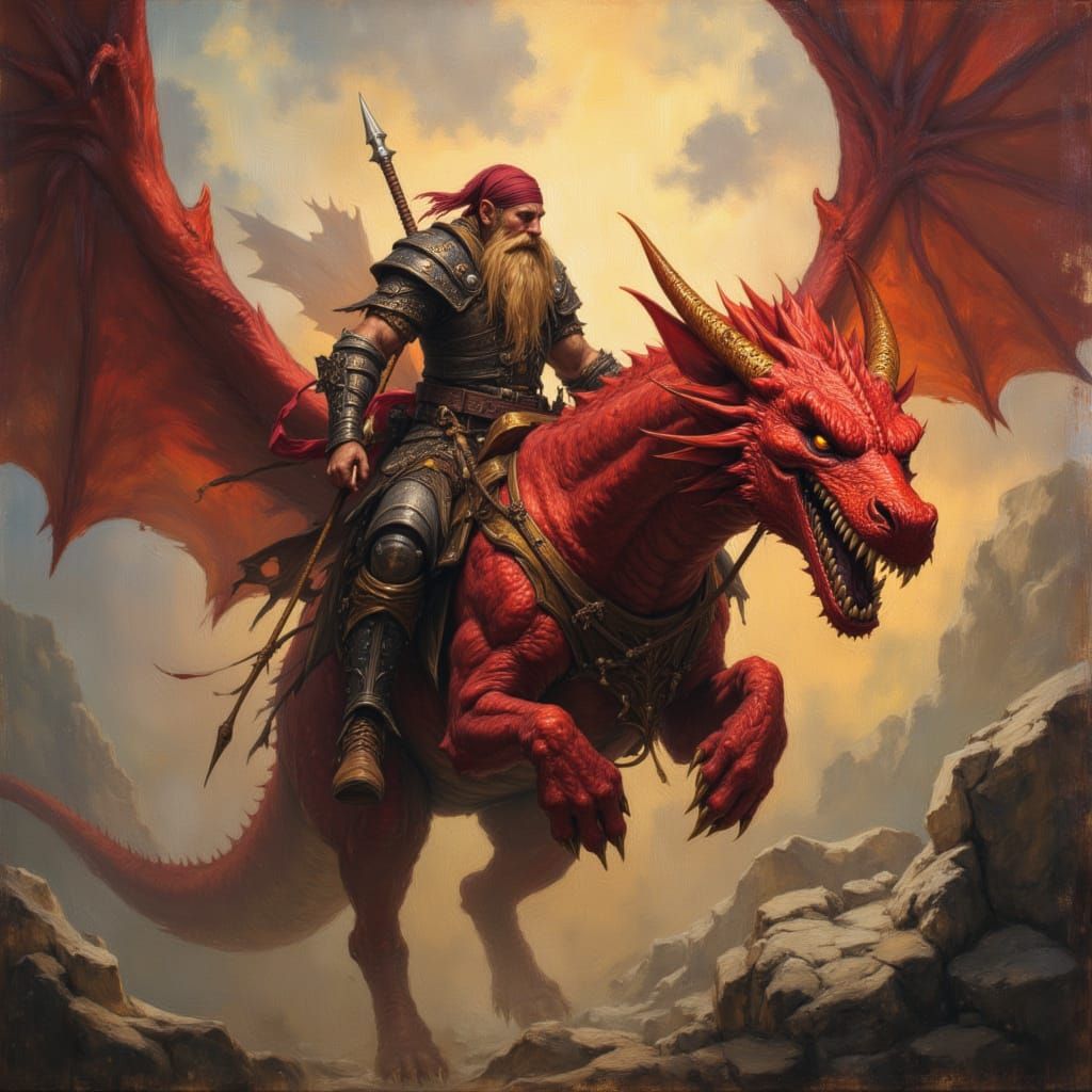 Dwarf Warrior Soars on Dragon in Brushed Oils Style