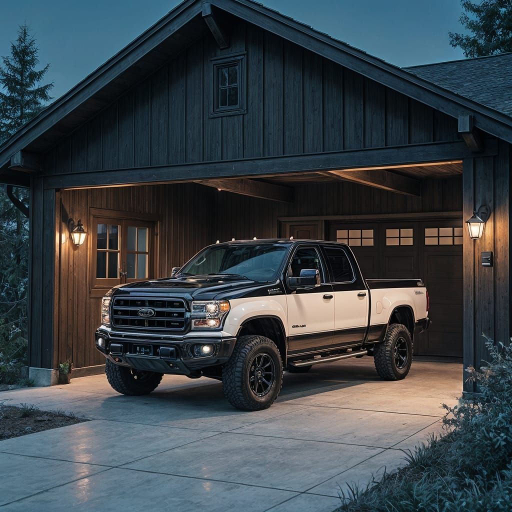 Black and White Truck in Dark Garage
