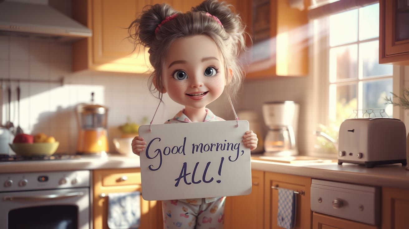 A 3D illustration of an adorable little girl with her hair i...