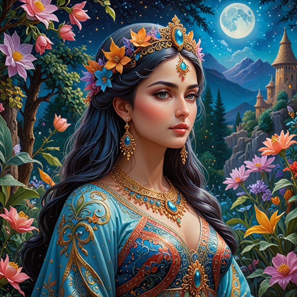 Achaemenid Queen in Moonlit Garden: Cosmic Fantasy Art