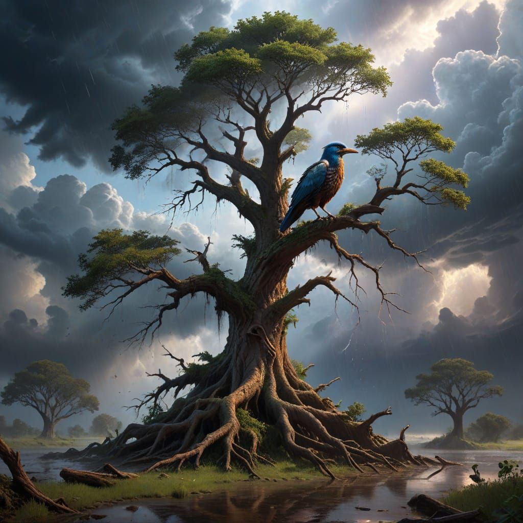 Iridescent Bird Soaring in Stormy Sky