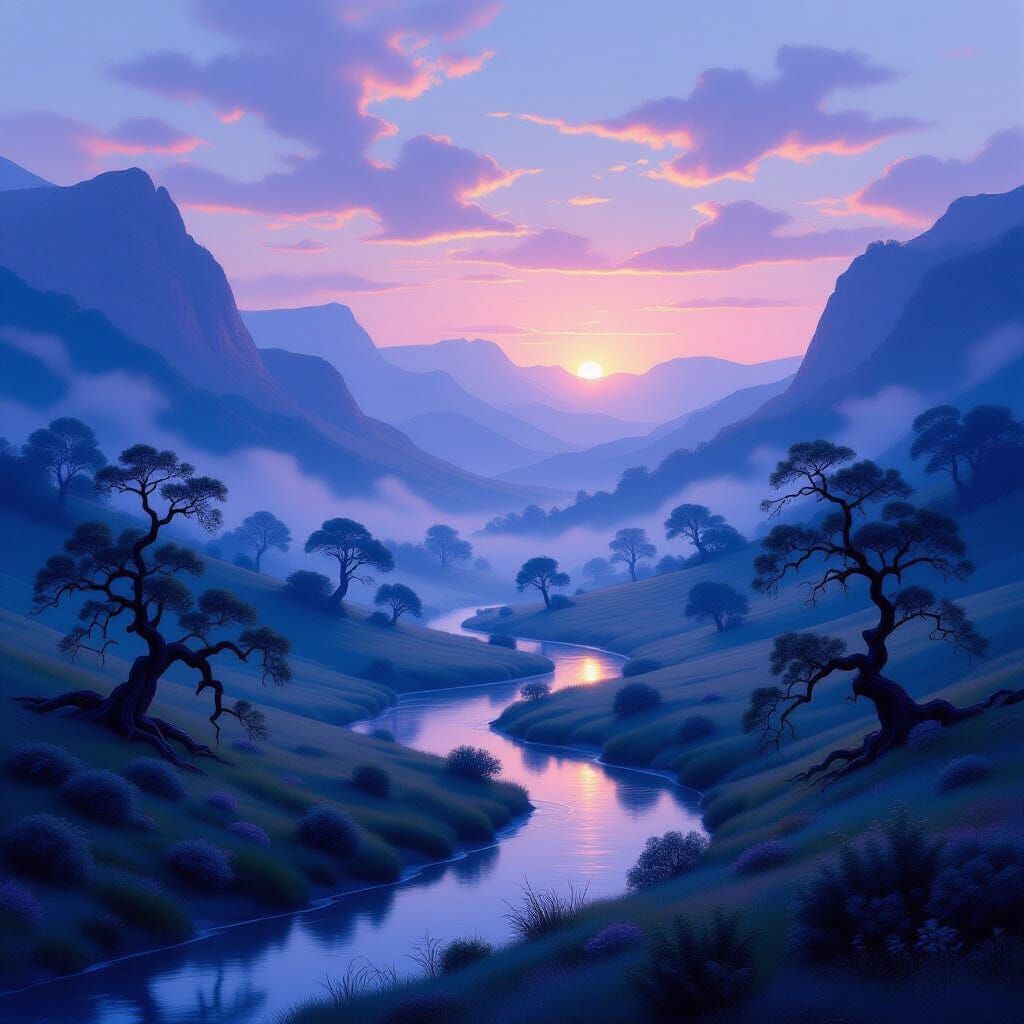 Dreamy Valley at Twilight: Ethereal Romanticist Landscape